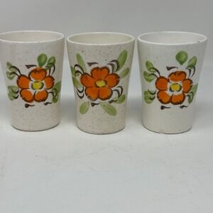 Set of 3 Vintage Ceramic Tumblers Orange Floral Speckled MCM Kitchen Drinkware